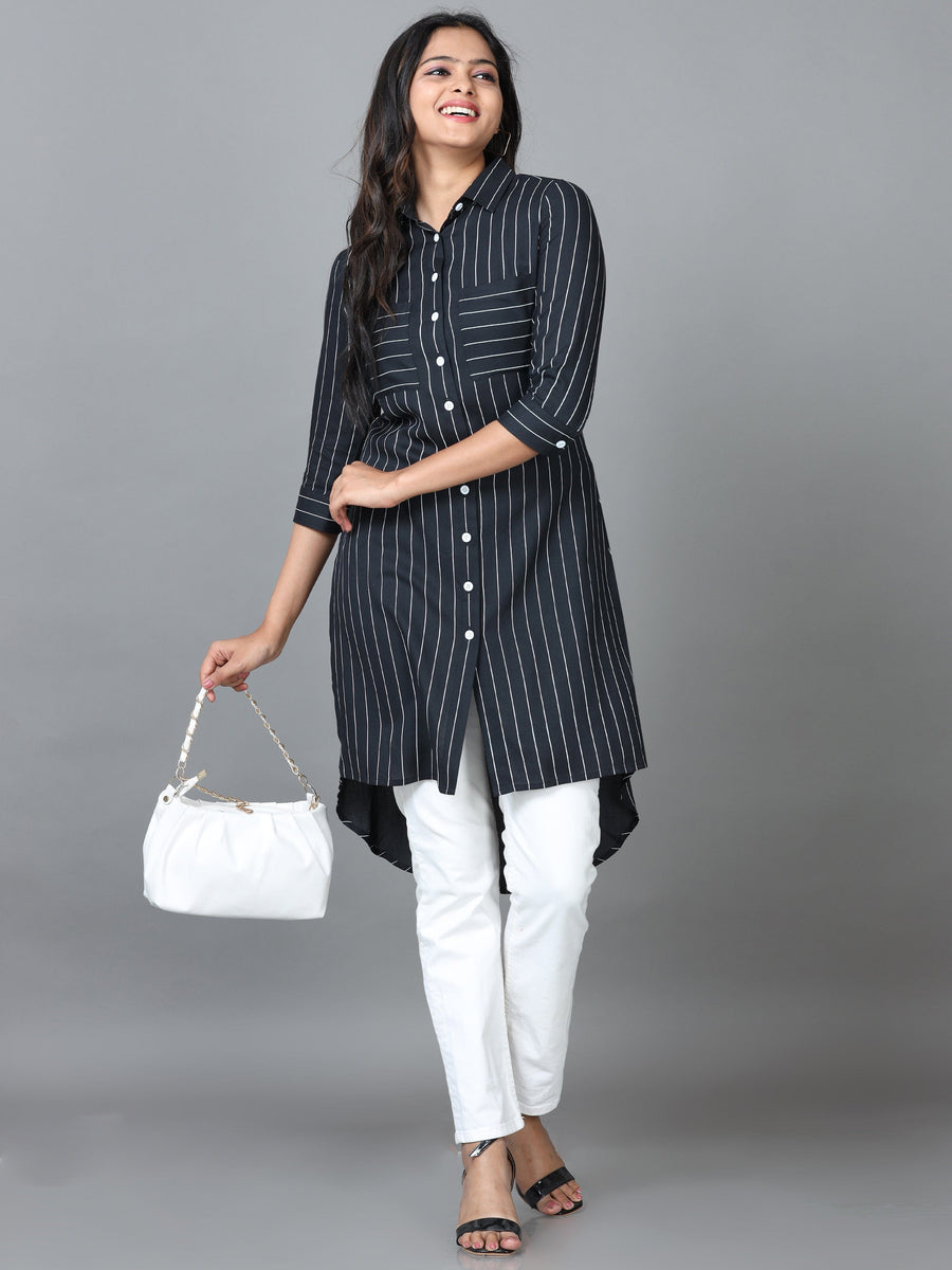 Black Half Sleeve Rayon Striped Western Long Length Shirt