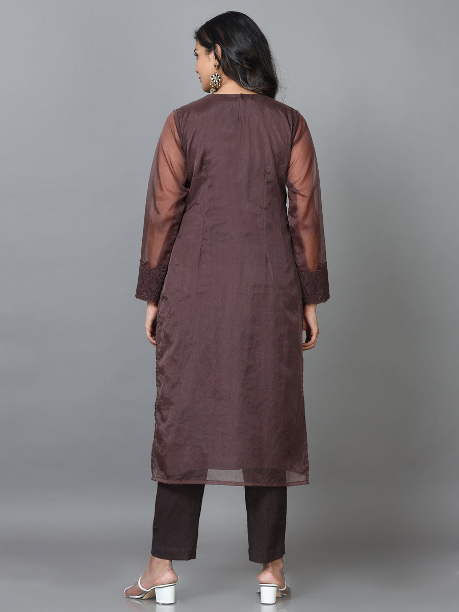 Dark Brown Full Sleeve Organza Solid Straight calf-long Kurta Set