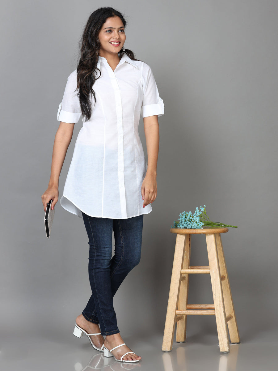 White Half Sleeve Tissue Solid Western Long Length Shirt