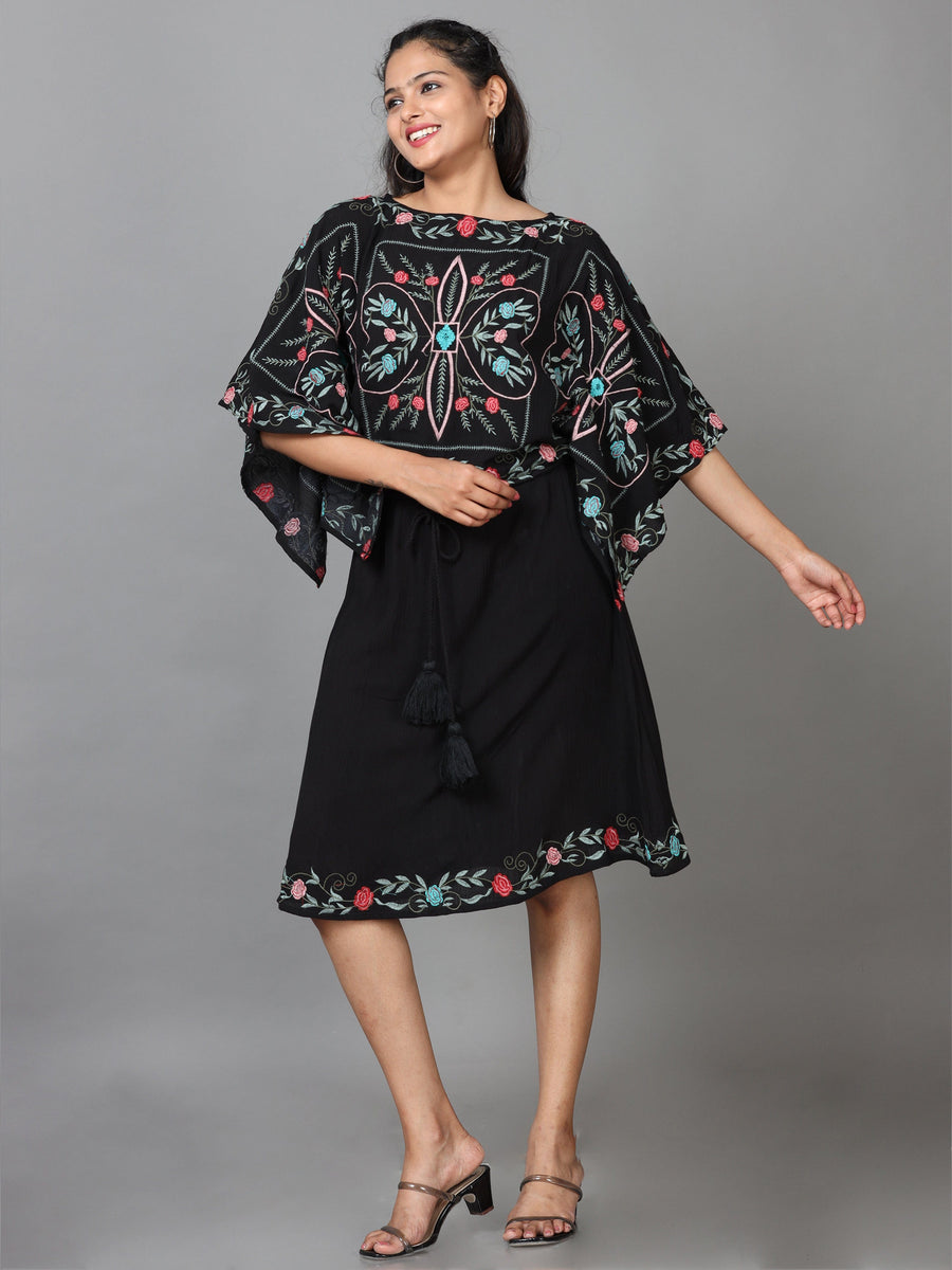 Black Half Sleeve Rayon Embroidered Kaftan Midi Dress