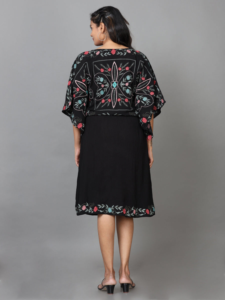 Black Half Sleeve Rayon Embroidered Kaftan Midi Dress