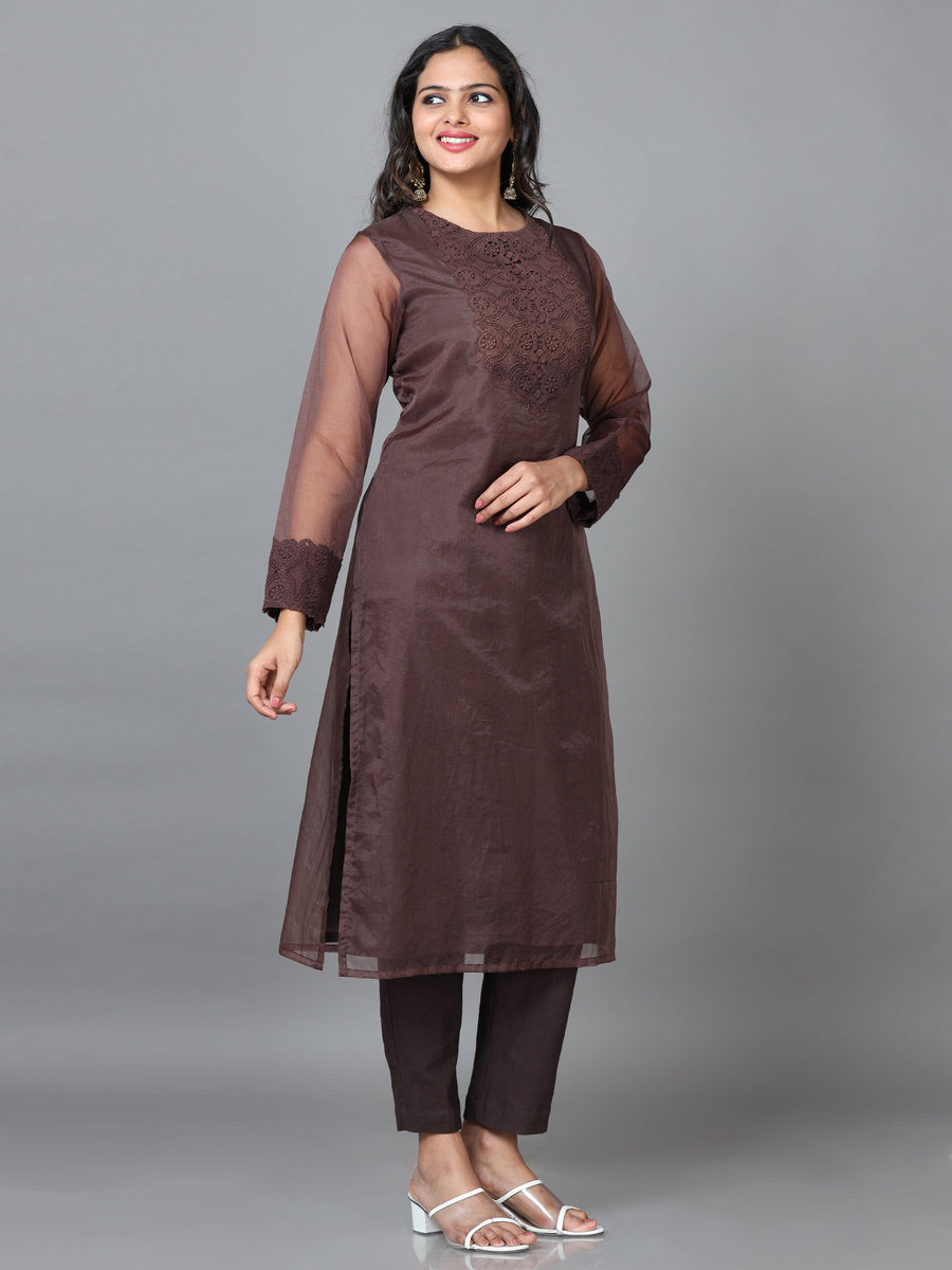 Dark Brown Full Sleeve Organza Solid Straight calf-long Kurta Set