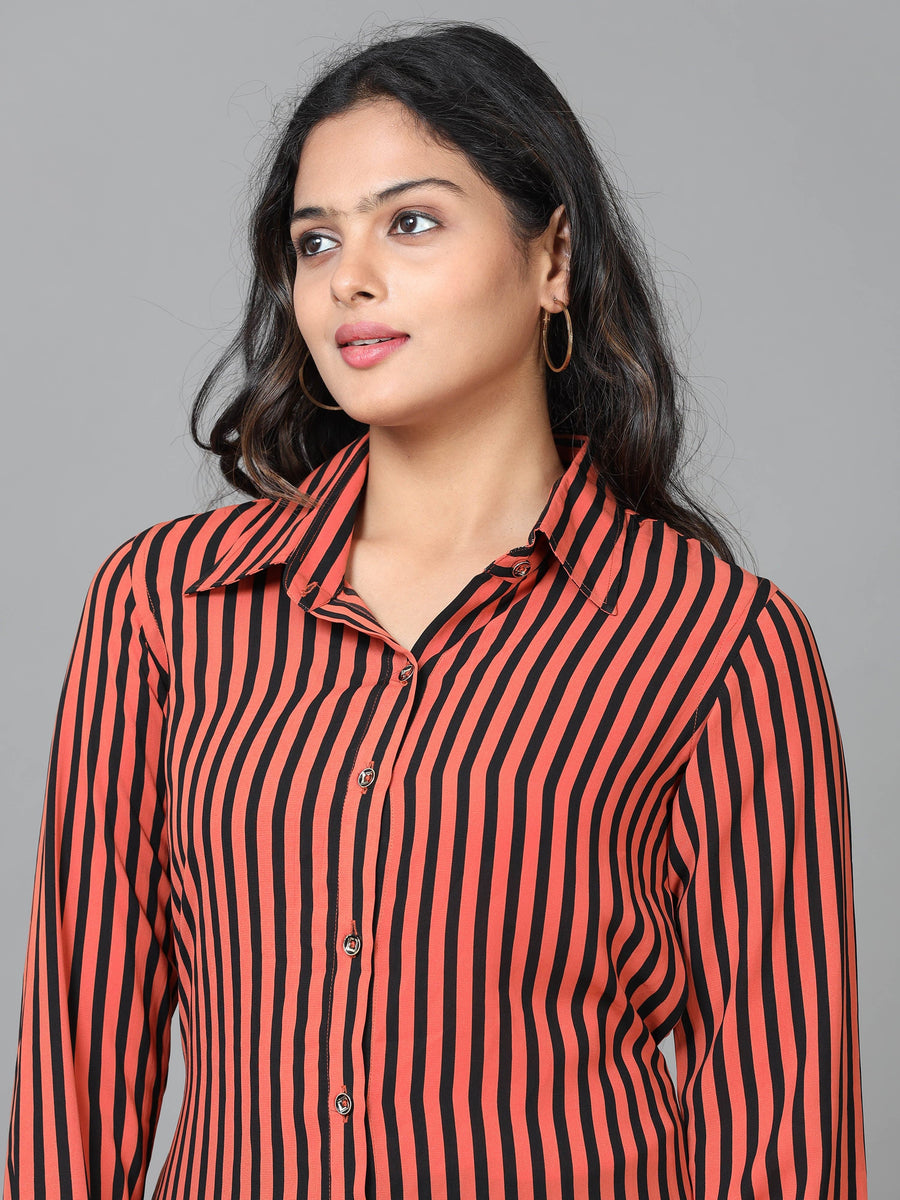 Brown Cuff Sleeve Georgette Striped Western Long Length Shirt