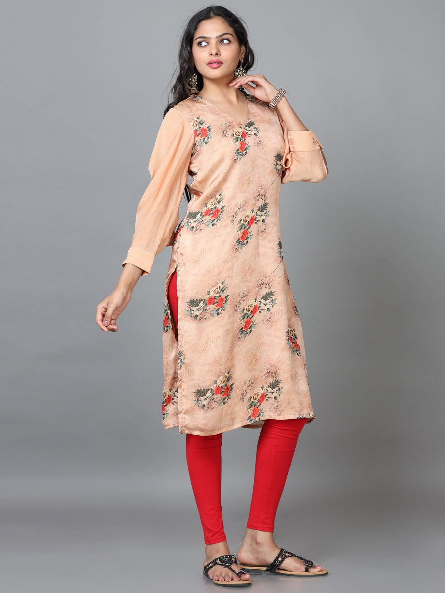 Peach 3/4 Sleeve Crepe Printed Straight Knee Length Kurta