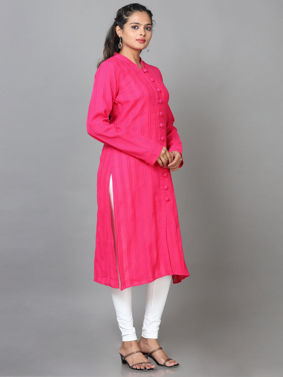 Pink Full Sleeve Cotton Solid Straight Calf Length Kurta