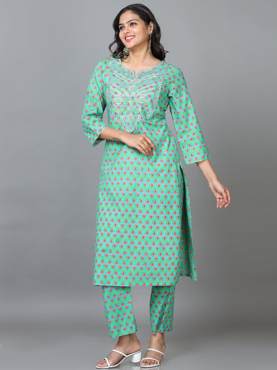 Green 3/4 Sleeve Cotton Printed Straight calf-long Kurta Set