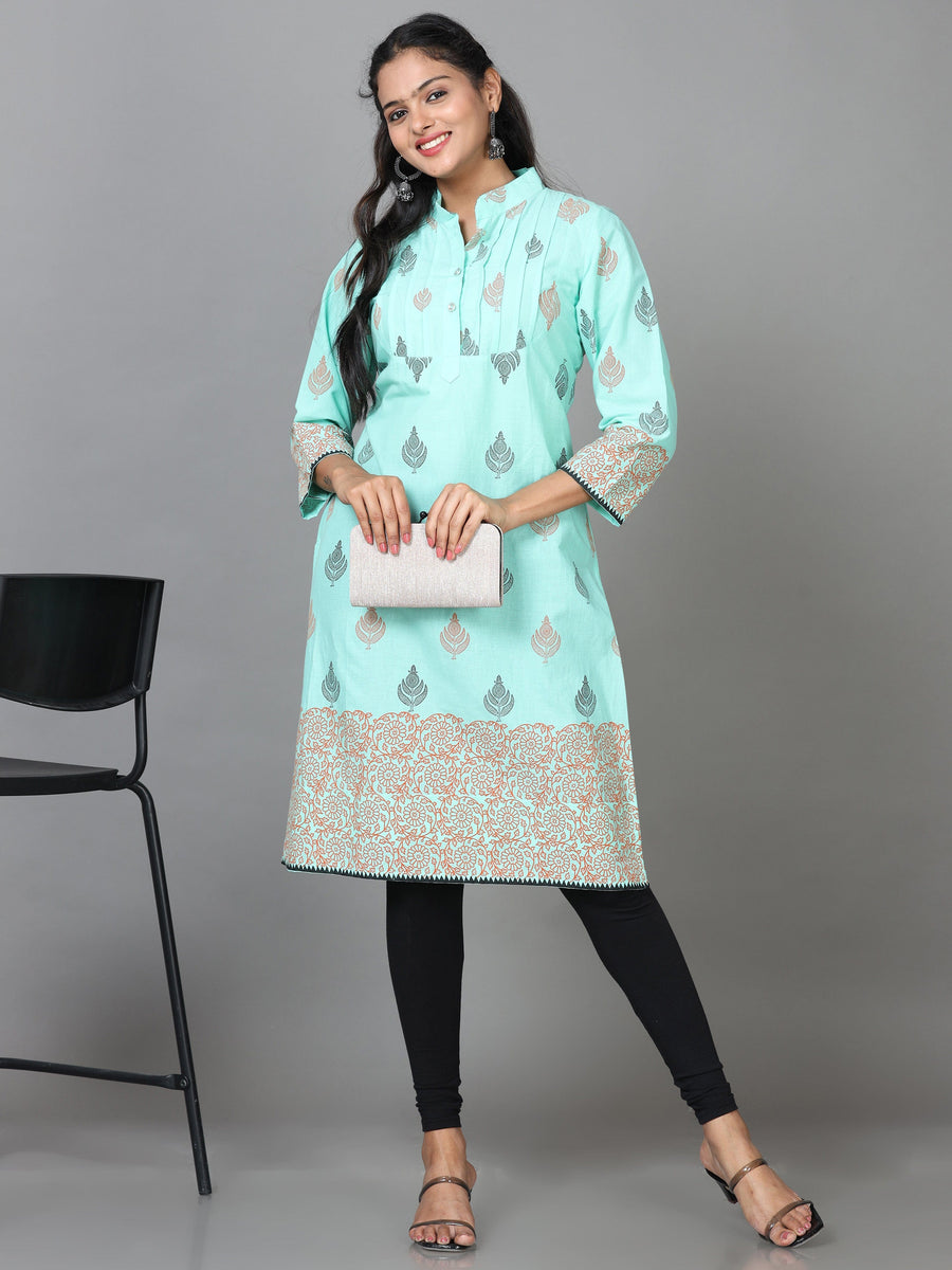 Light Green 3/4 Sleeve Cotton Printed Straight Knee Length Kurta