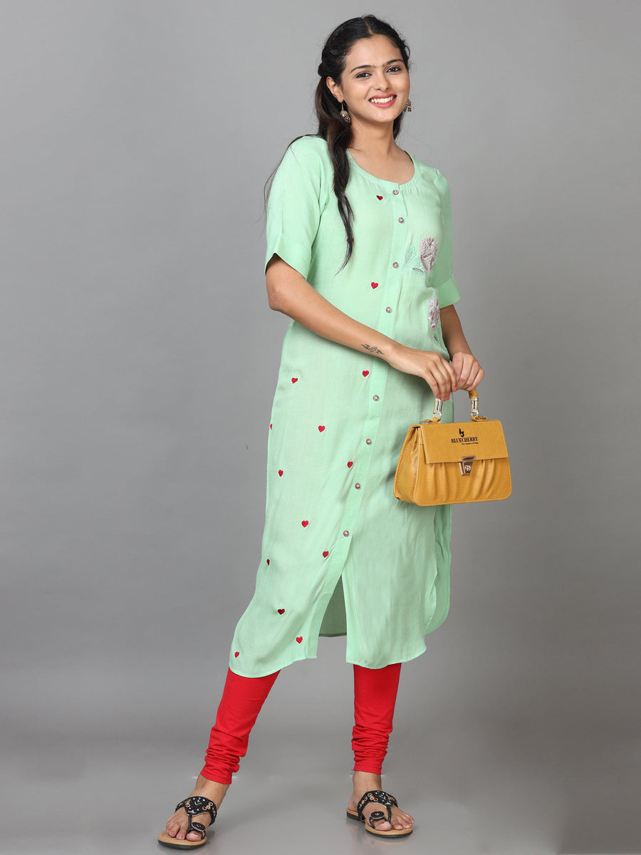 Green Elbow Length Sleeve Rayon Embroidered Straight Calf Length Kurta