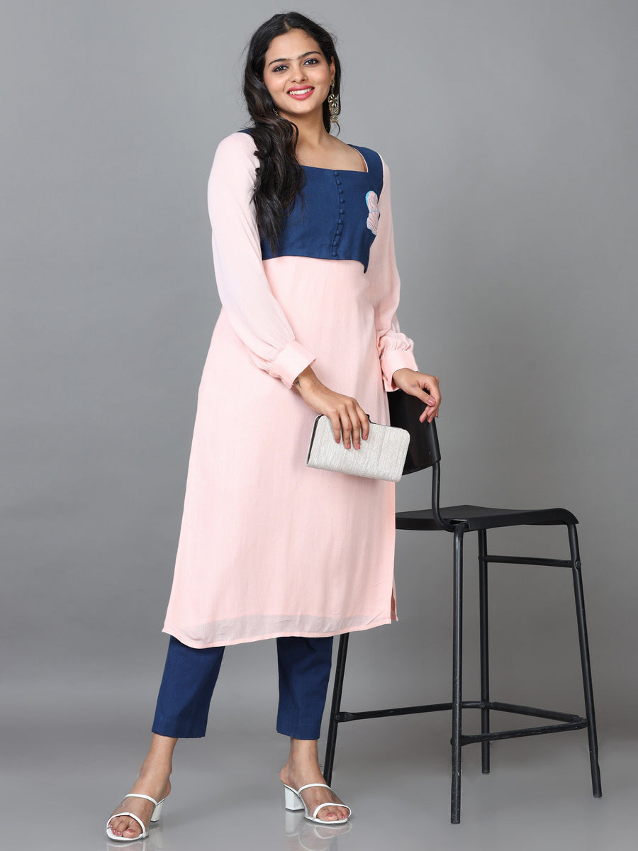 Peach Full Sleeve Cotton Solid Straight calf-long Kurta Set