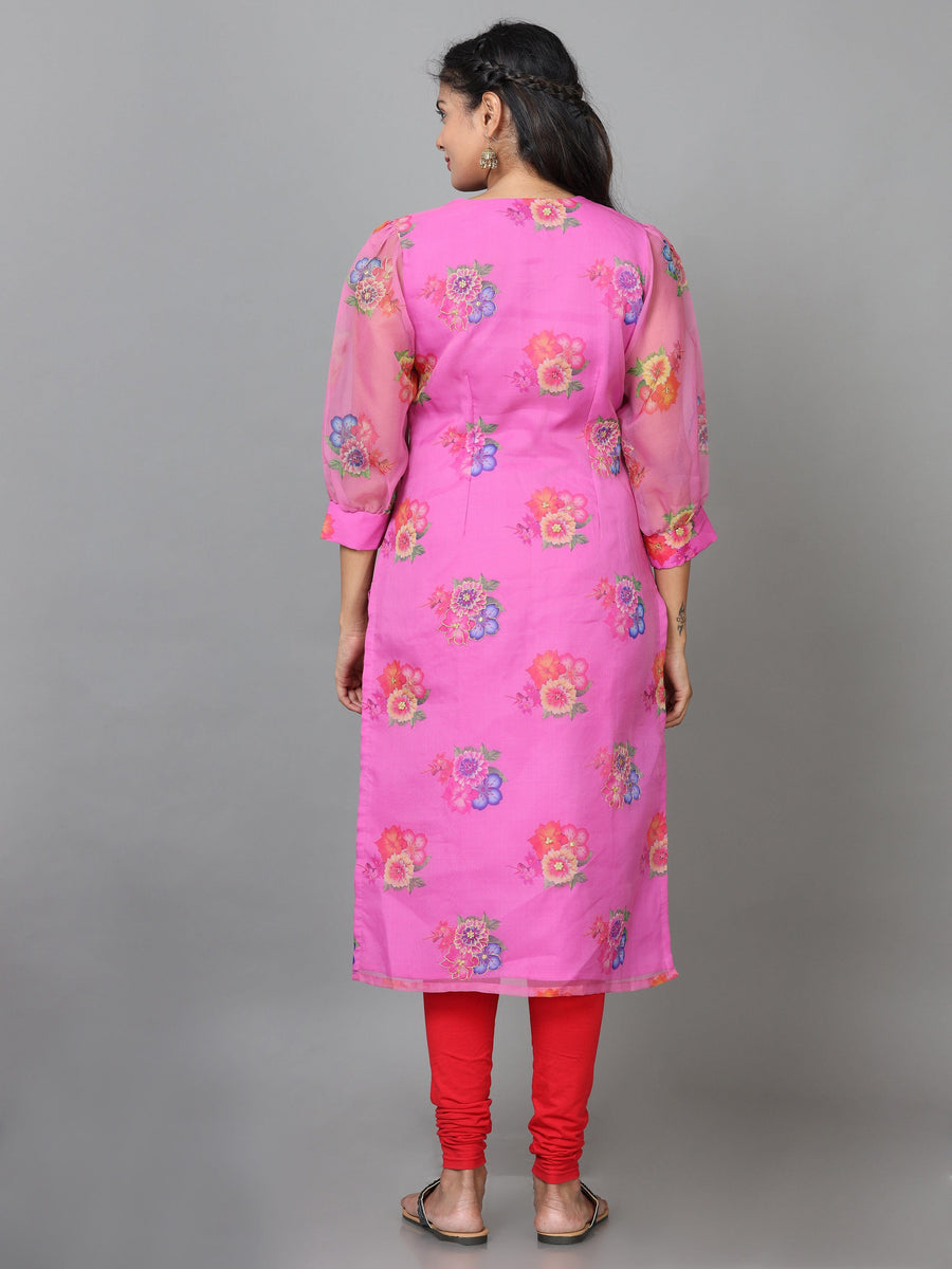 Pink 3/4 Sleeve Organza Printed Straight Calf Length Kurta