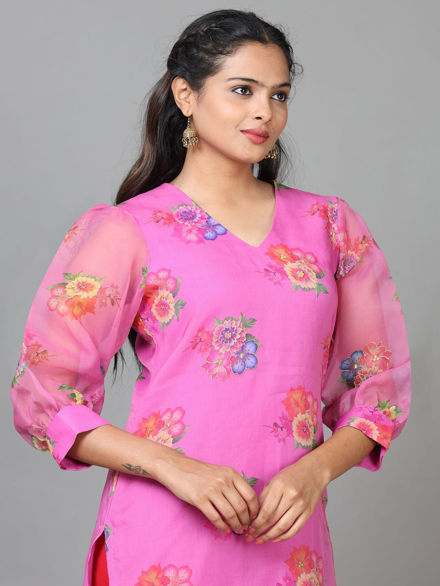 Pink 3/4 Sleeve Organza Printed Straight Calf Length Kurta