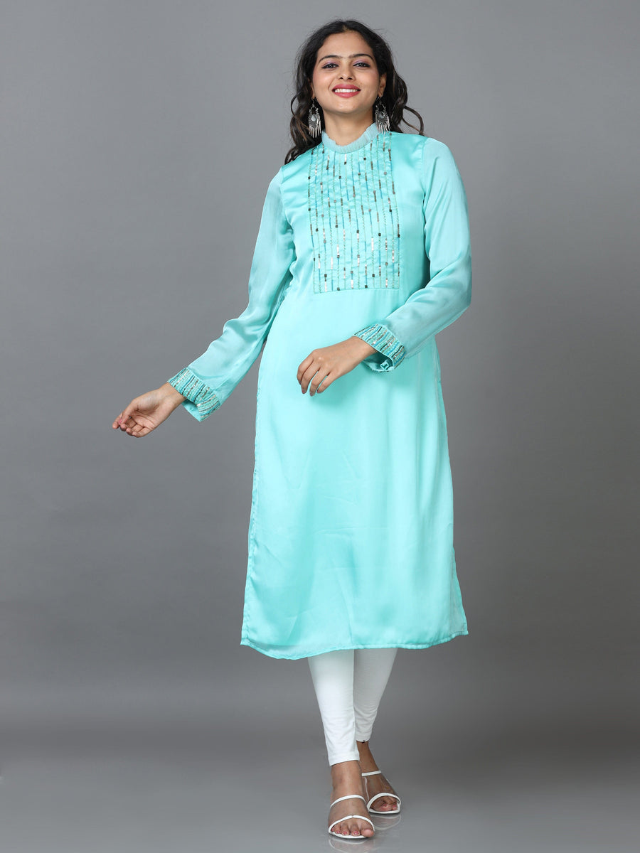 Turquoise Full Sleeve Organza Solid Straight Calf Length Kurta