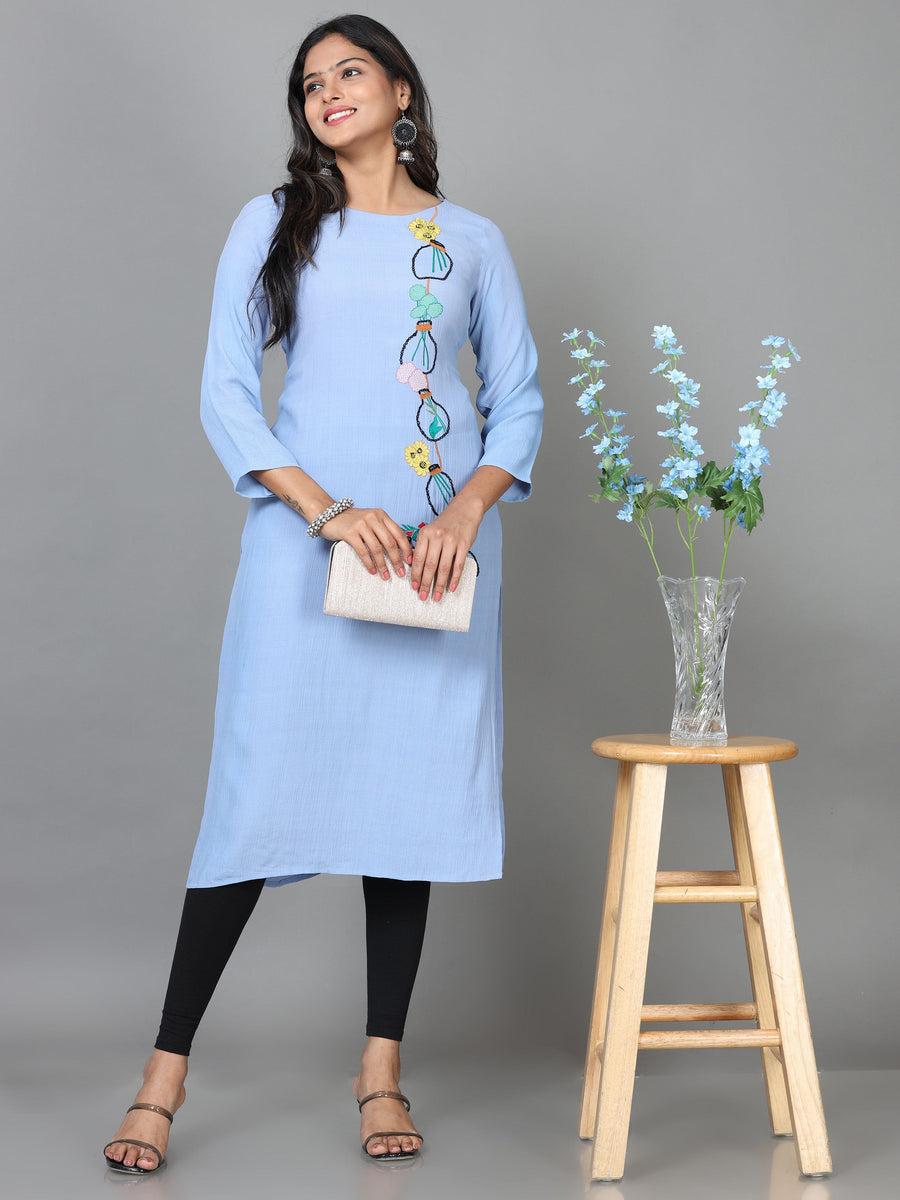 Blue 3/4 Sleeve Cotton Embroidered Straight Calf Length Kurta