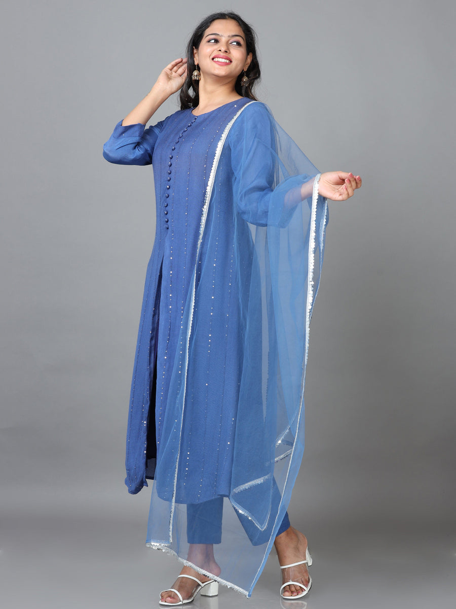 Dark Blue 3/4 Sleeve Rayon Solid A-Line calf-long Salwar Suit