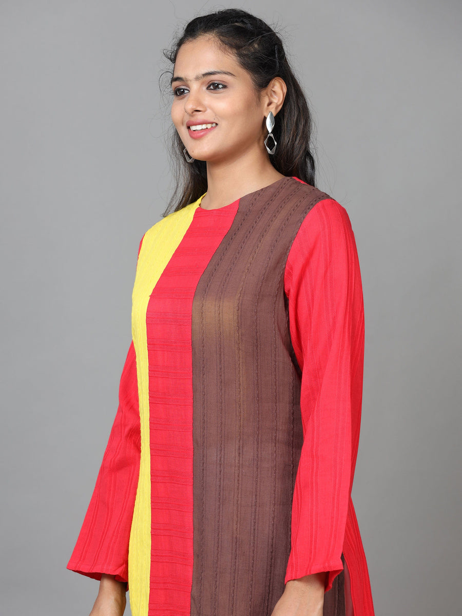 Dark Pink Full Sleeve Cotton Solid Straight Calf Length Kurta