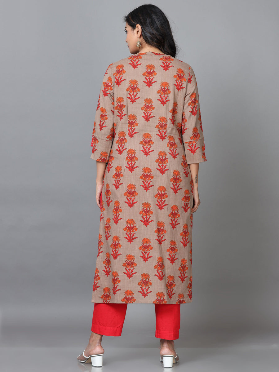 Beige 3/4 Sleeve Cotton Printed Straight calf-long Salwar Suit