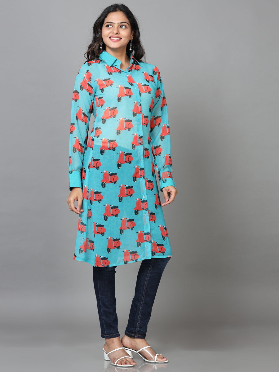 Turquoise Cuff Sleeve Georgette Printed Western Long Length Shirt