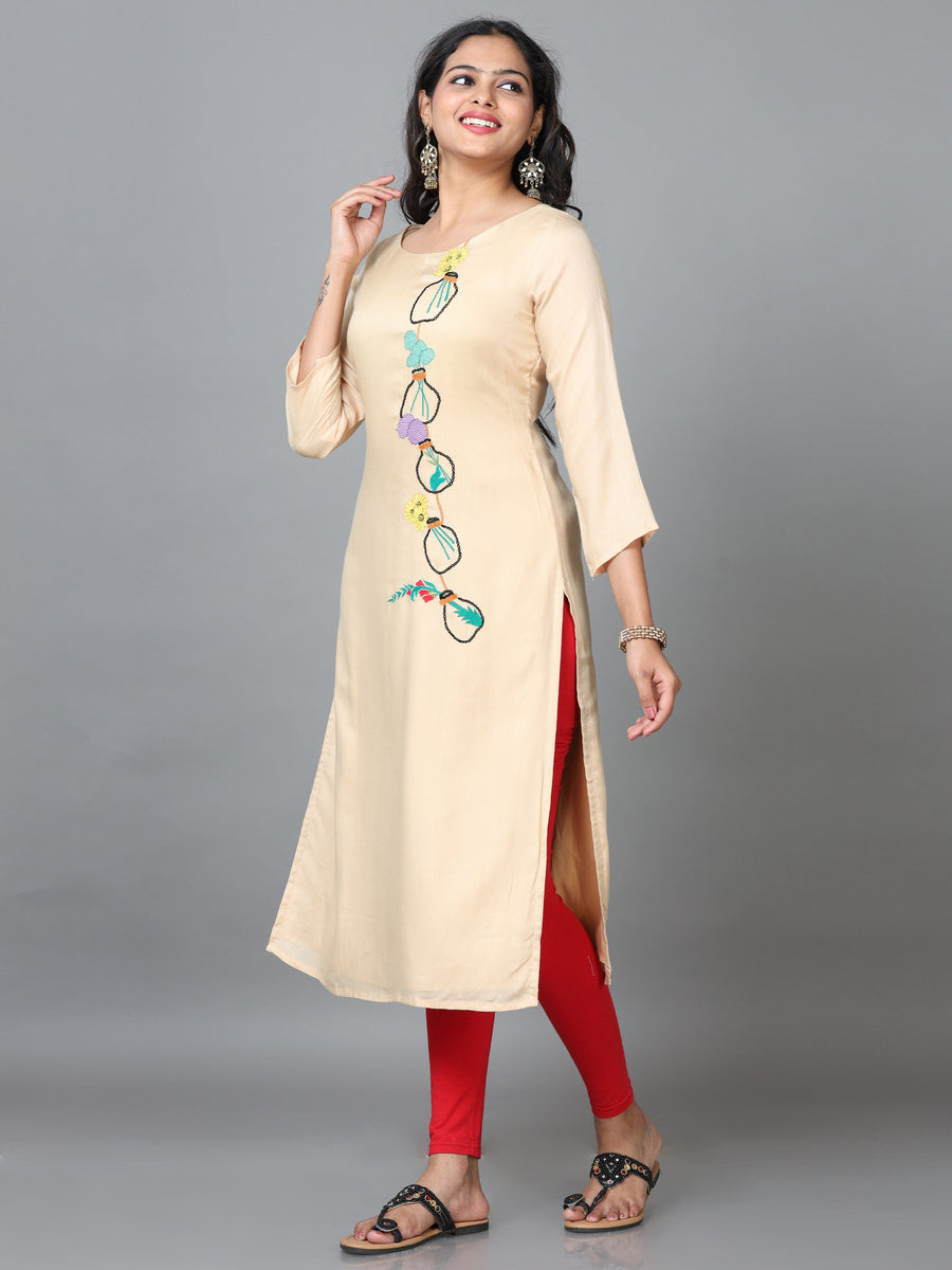 Cream 3/4 Sleeve Cotton Embroidered Straight Calf Length Kurta