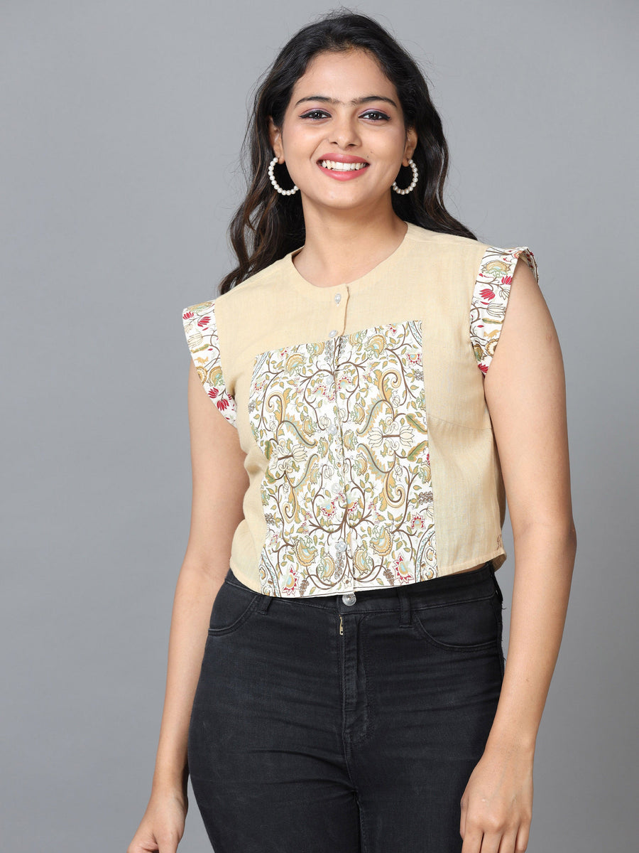 Cream Sleeveless Cotton Printed Western Short Length Top