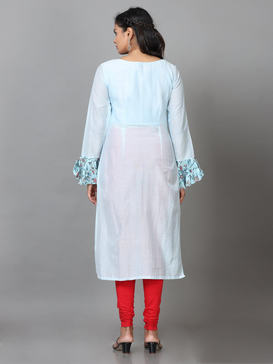 Sky Blue Full Sleeve Cotton Printed Straight Calf Length Kurta