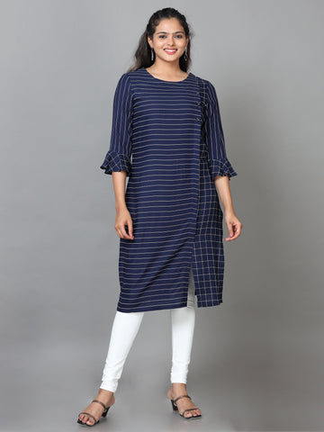 Navy Elbow Length Sleeve Rayon Striped Straight Knee Length Kurta