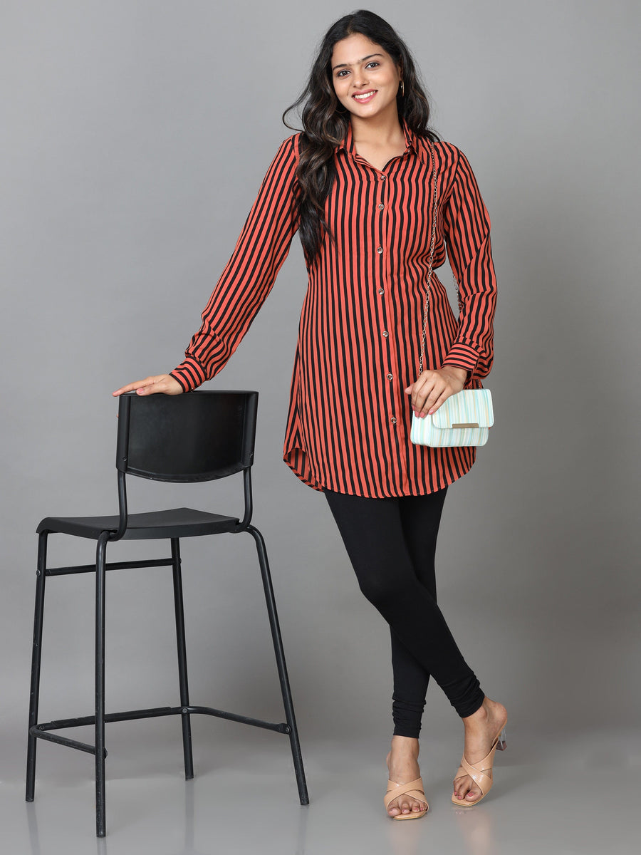 Brown Cuff Sleeve Georgette Striped Western Long Length Shirt