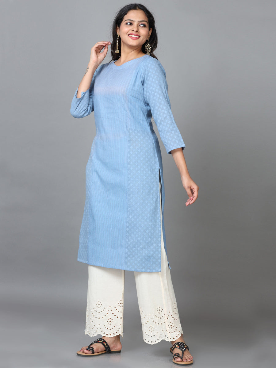 Light Blue 3/4 Sleeve Cotton Solid Straight calf-long Kurta Set