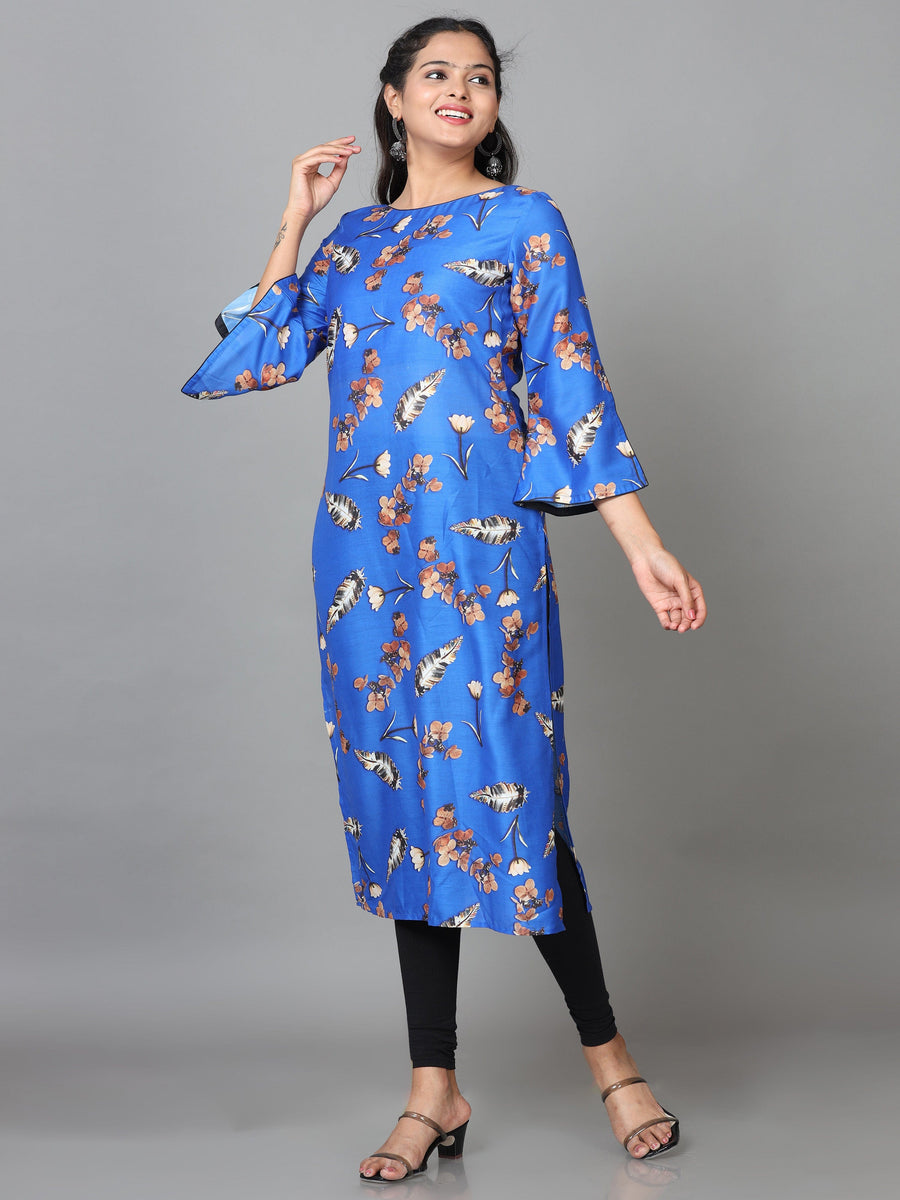 Blue 3/4 Sleeve Crepe Printed Straight Calf Length Kurta