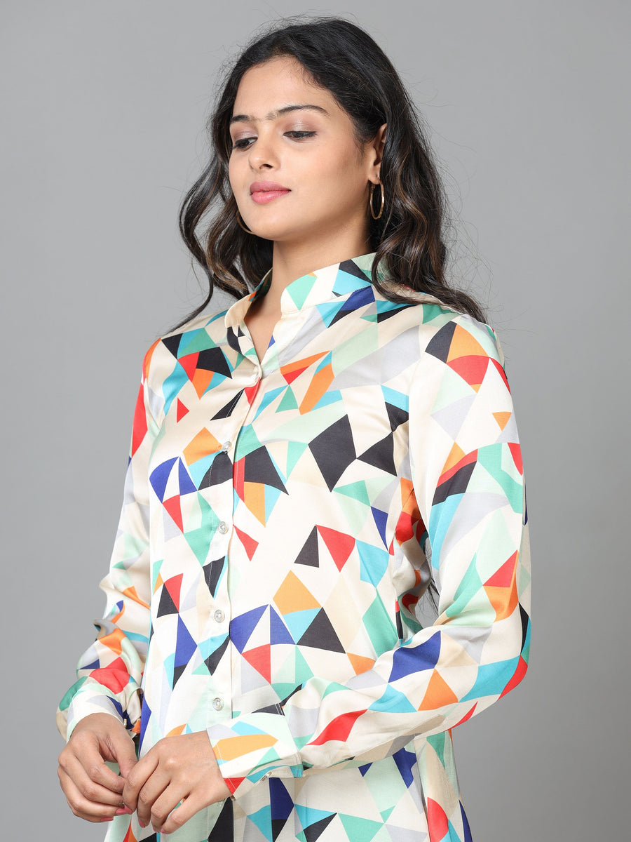 MultiColour Cuff Sleeve Crepe Colorblocks Western Long Length Shirt