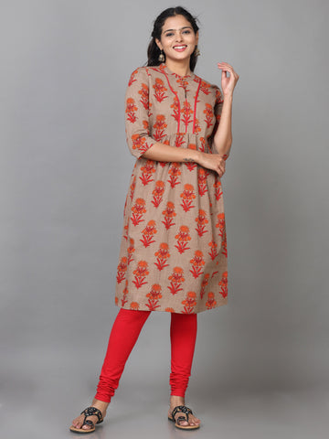 Brown Elbow Length Sleeve Cotton Printed A-Line Knee Length Kurta