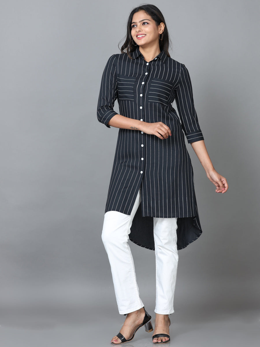 Black Half Sleeve Rayon Striped Western Long Length Shirt