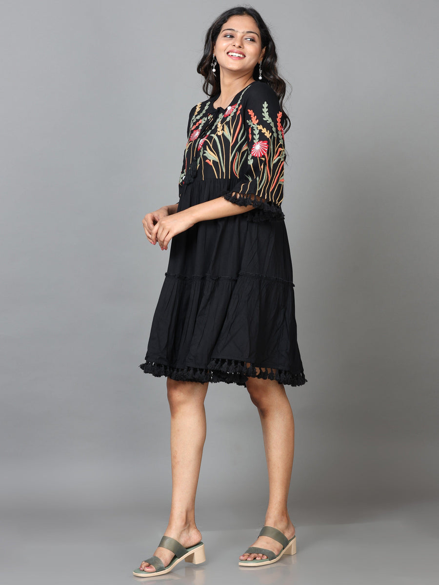 Black Half Sleeve Rayon Embroidered A-Line Mini Dress