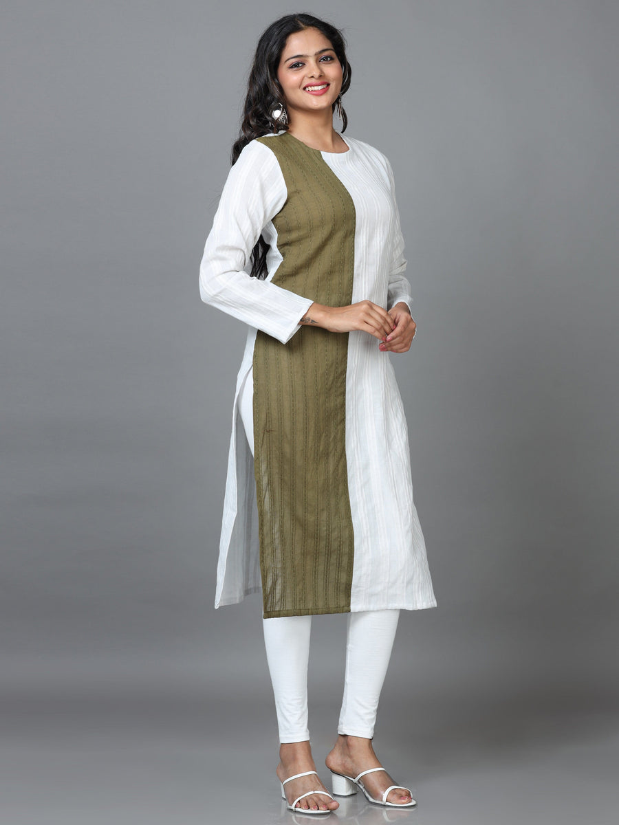 White Full Sleeve Cotton Solid Straight Calf Length Kurta