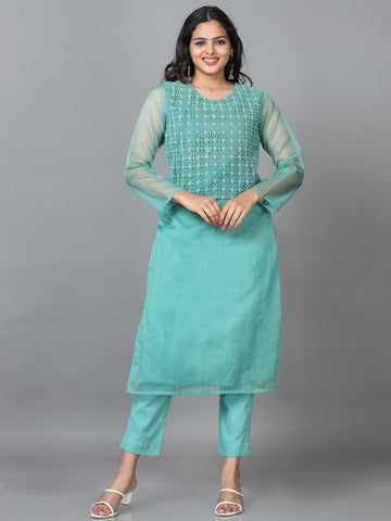 Green 3/4 Sleeve Organza Solid Straight calf-long Kurta Set