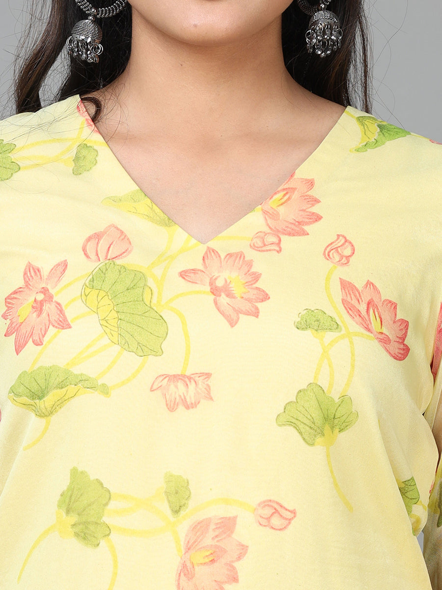 Yellow 3/4 Sleeve Organza Printed Straight Calf Length Kurta