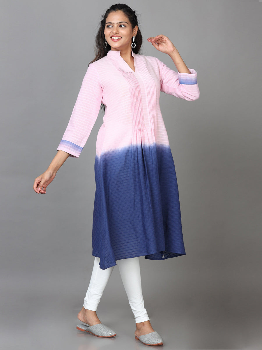 Pink 3/4 Sleeve Cotton Solid A-Line Calf Length Kurta