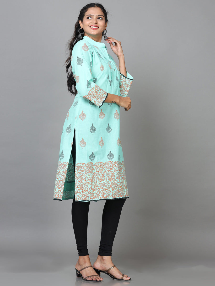 Light Green 3/4 Sleeve Cotton Printed Straight Knee Length Kurta