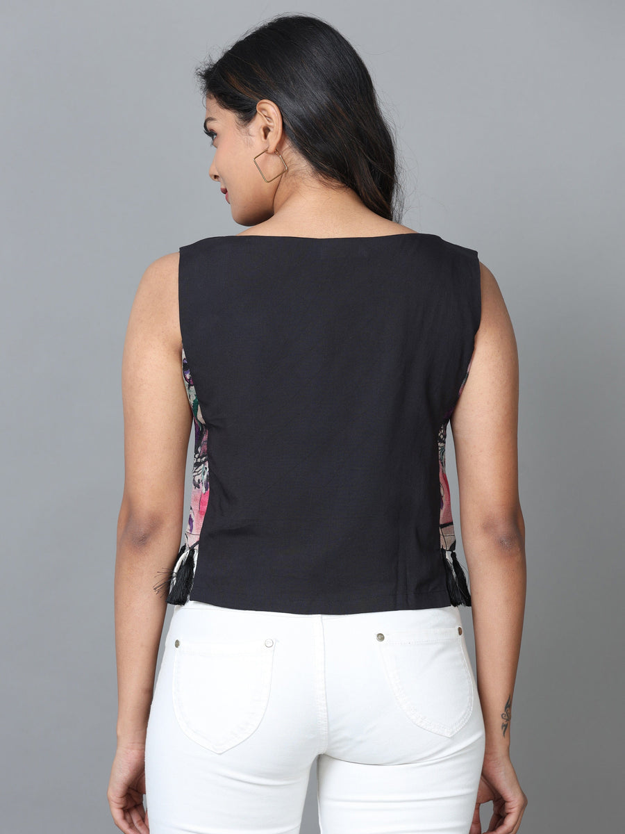 Black Sleeveless Rayon Solid Western Short Length Top