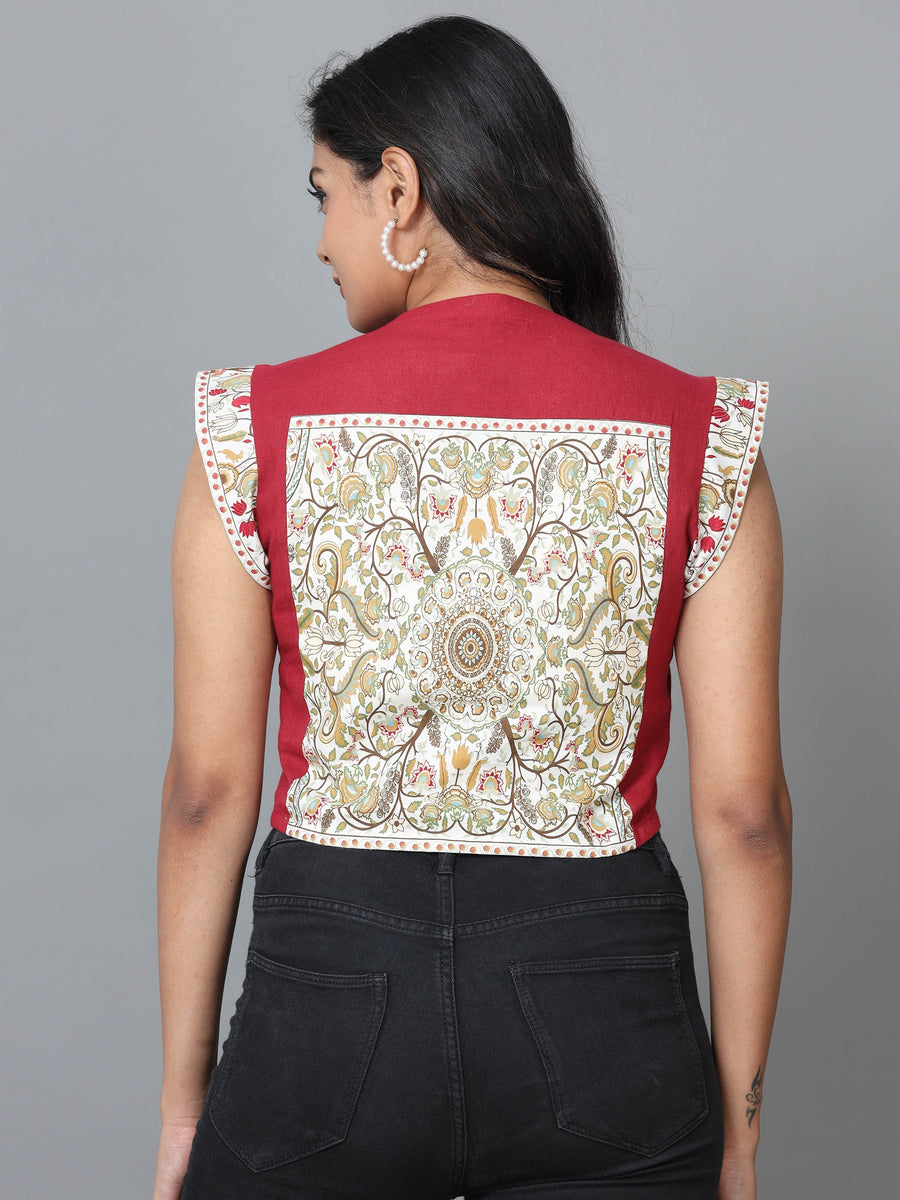 Red Sleeveless Cotton Printed Western Short Length Top