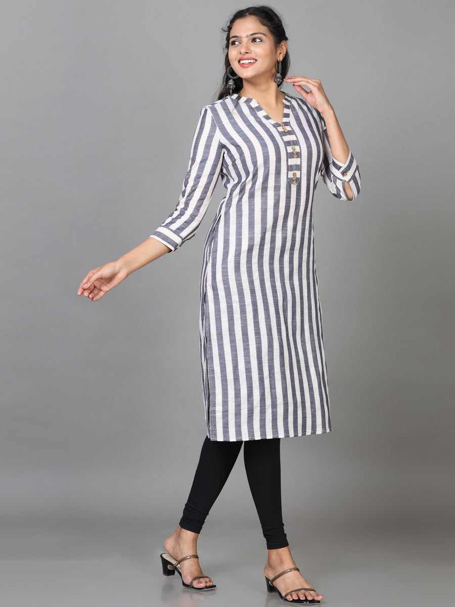 Grey 3/4 Sleeve Cotton Striped Straight Knee Length Kurta