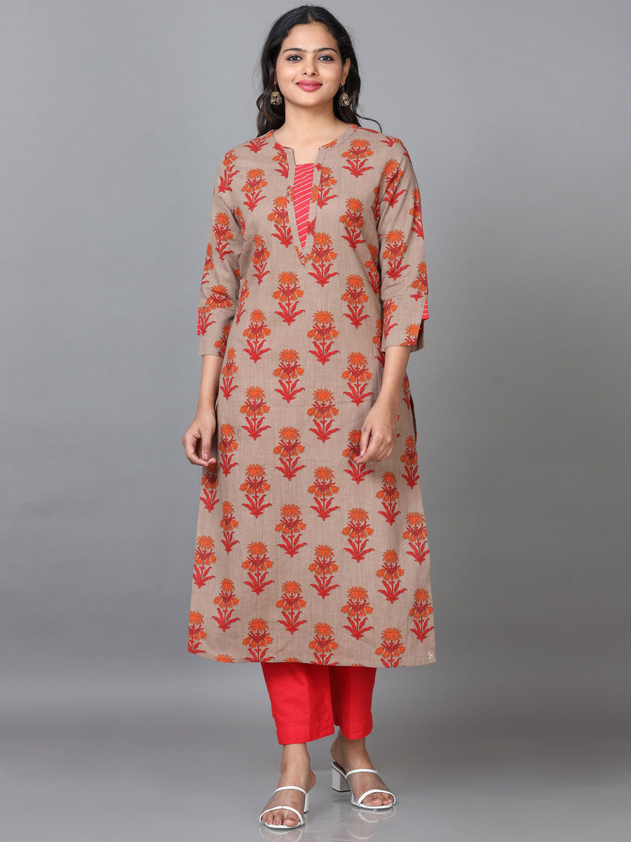 Beige 3/4 Sleeve Cotton Printed Straight calf-long Salwar Suit