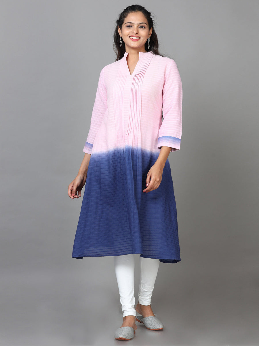 Pink 3/4 Sleeve Cotton Solid A-Line Calf Length Kurta