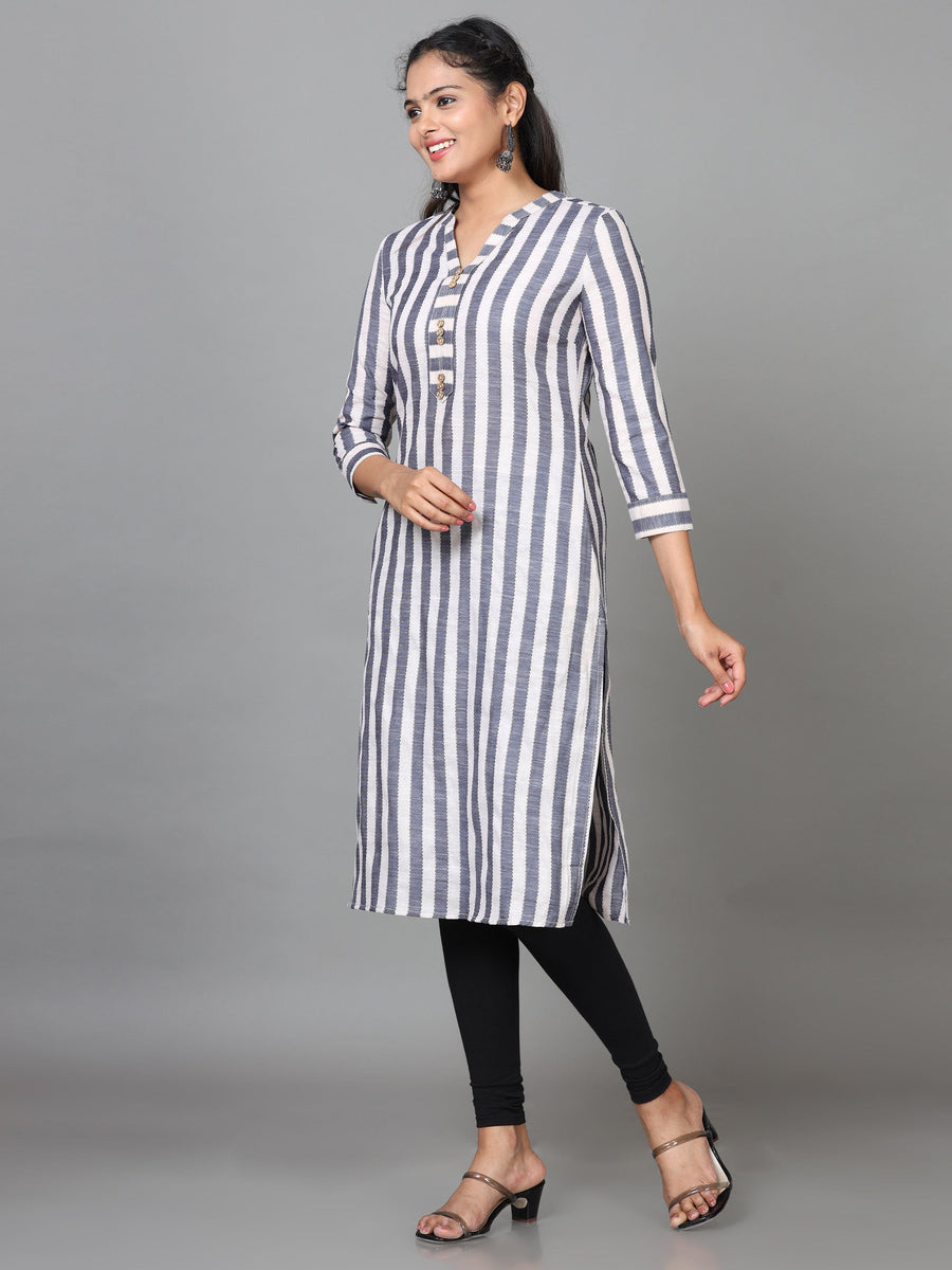 Grey 3/4 Sleeve Cotton Striped Straight Knee Length Kurta