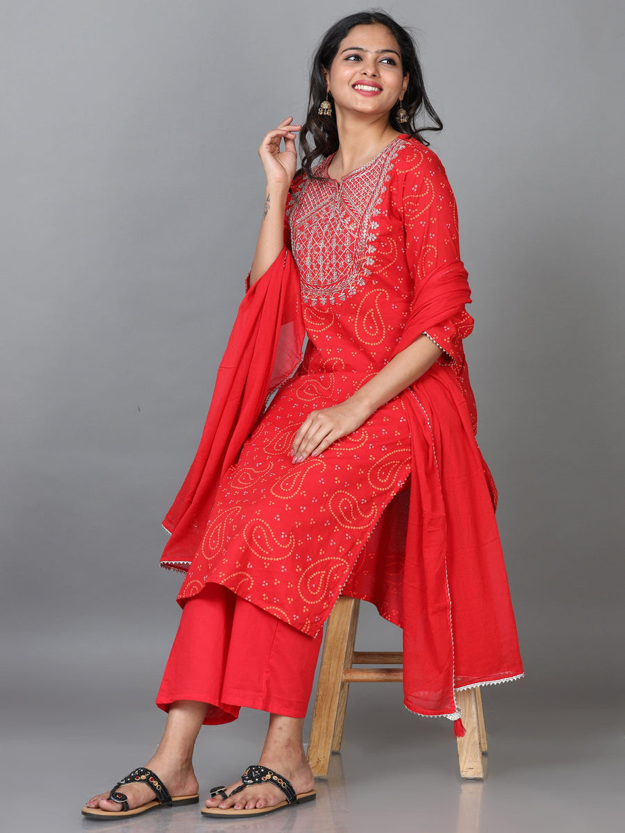 Red 3/4 Sleeve Cotton Printed Straight calf-long Salwar Suit