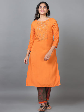 Orange 3/4 Sleeve Rayon Solid Straight calf-long Kurta Set