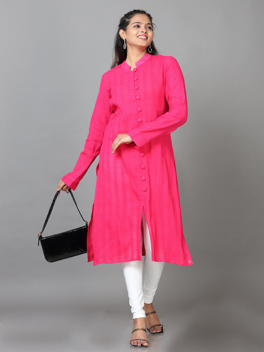 Pink Full Sleeve Cotton Solid Straight Calf Length Kurta