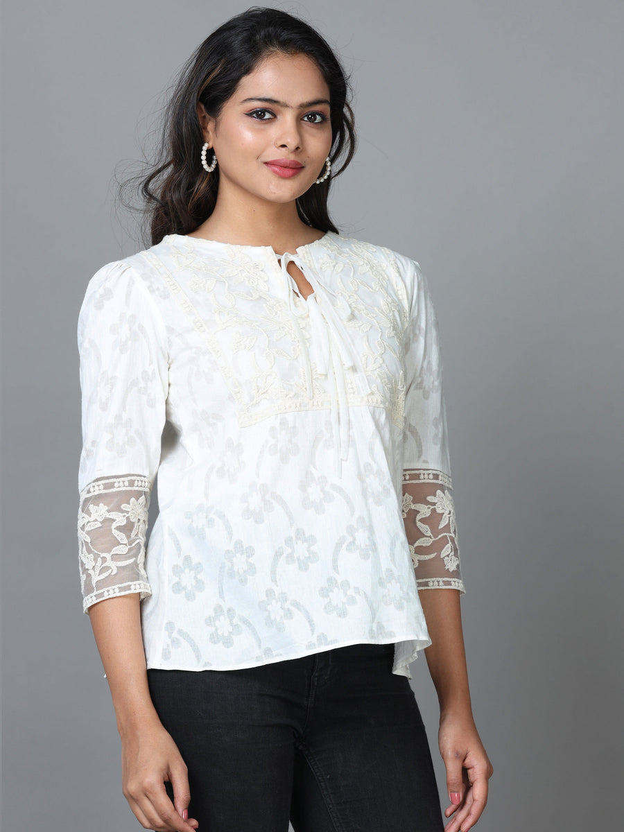 White 3/4 Sleeve Cotton Printed Western Standard Length Top