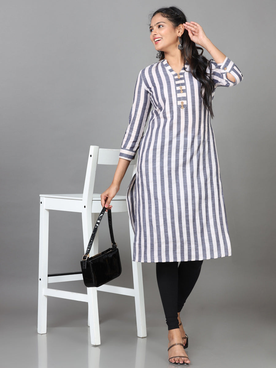 Grey 3/4 Sleeve Cotton Striped Straight Knee Length Kurta