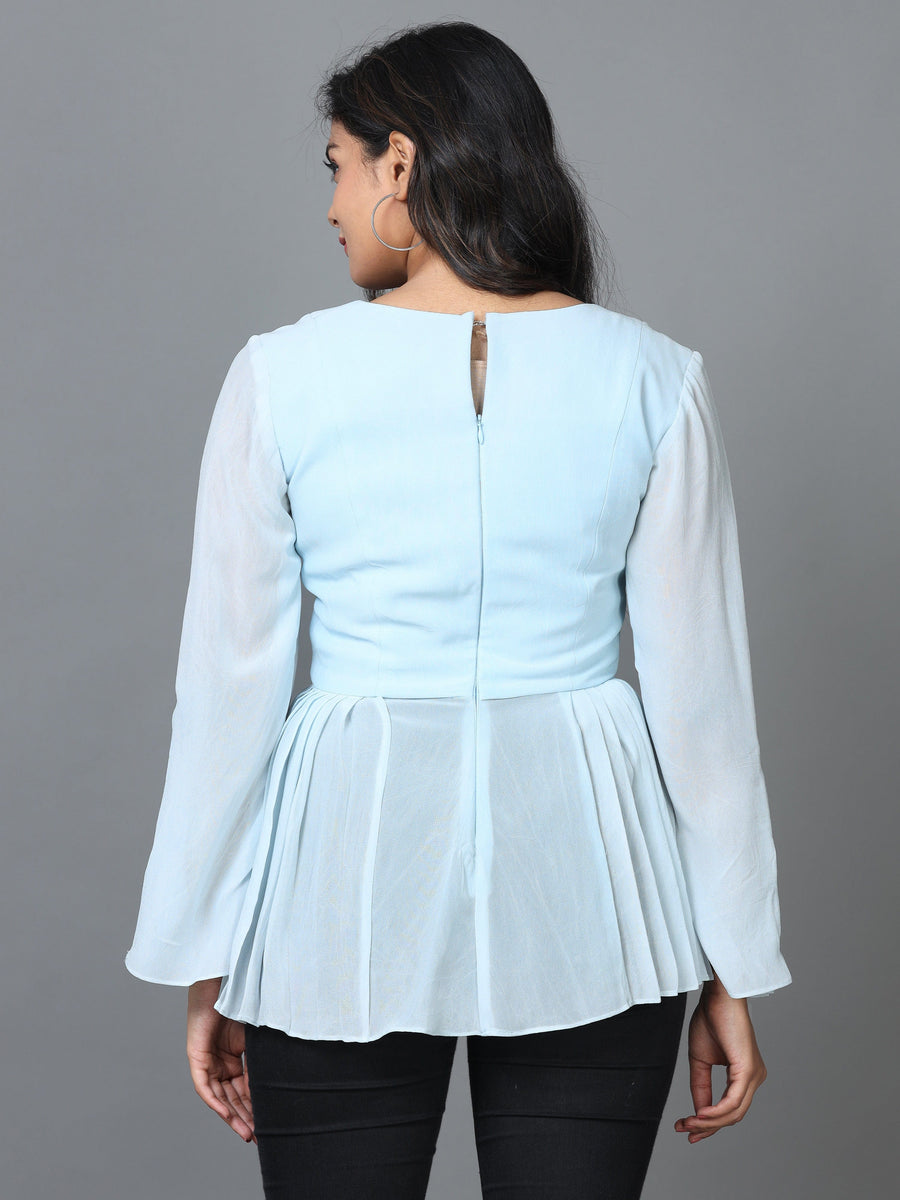 Sky Blue Long Sleeve Georgette Solid Western Standard Length Top