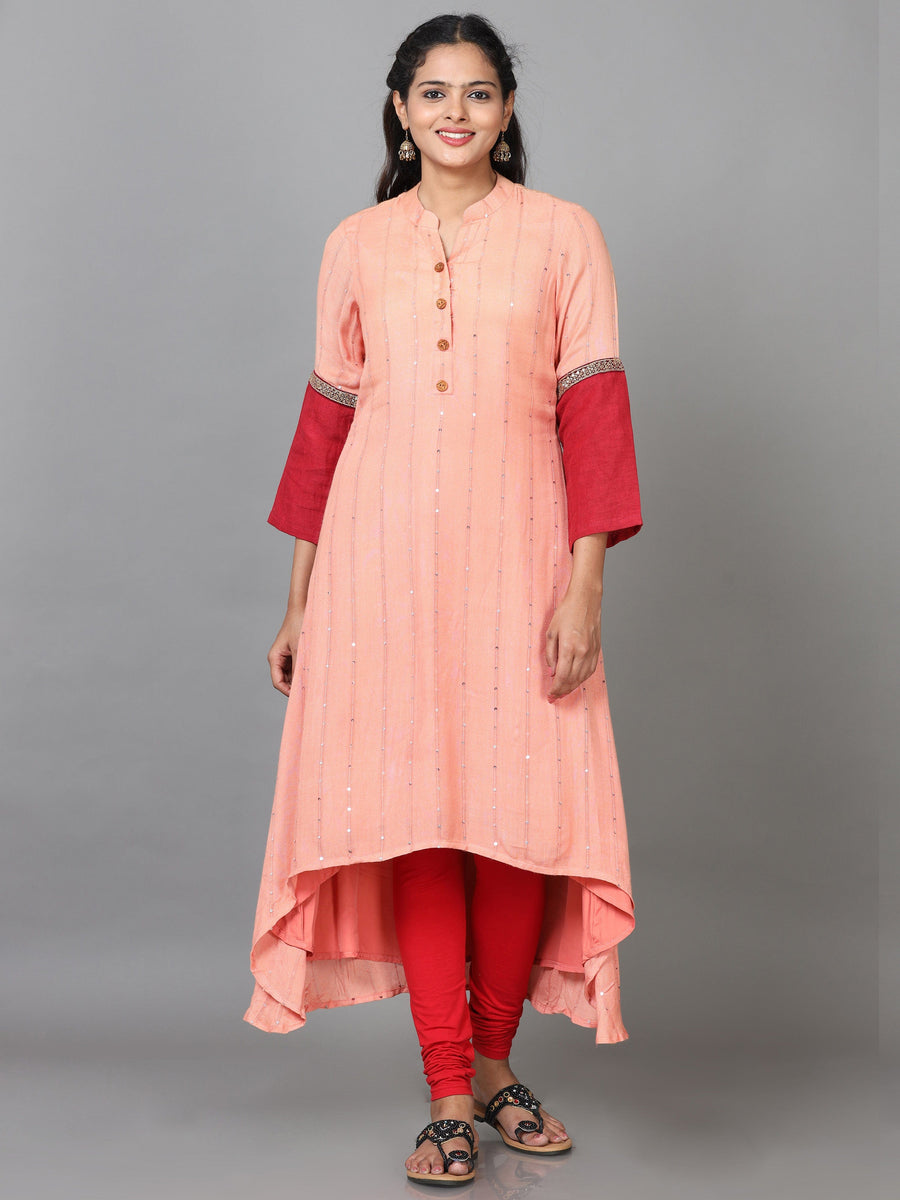 Peach 3/4 Sleeve Rayon Embroidered A-Line Calf Length Kurta